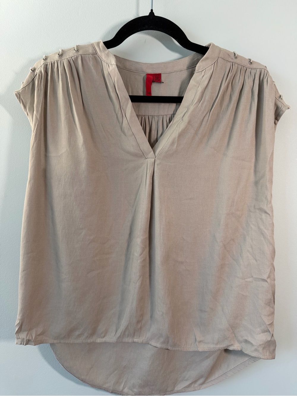 5/48 Taupe Cap-Sleeve V-Neck Blouse with Shoulder Button Detail